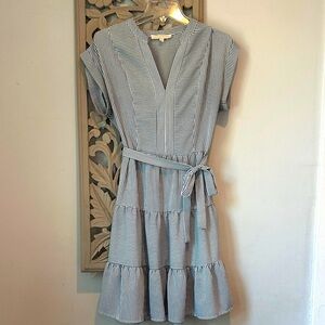 Monteau Striped V-Neck Belted Dress